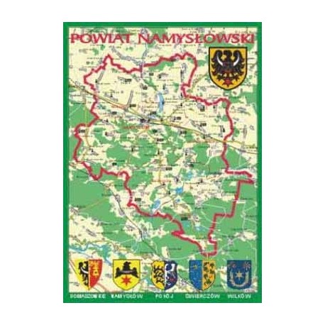 WID-N087 Powiat Namysłowski (mapka), herby gmin: Domaszowice, Namysłów, Pokój, Świerczów, Wilków